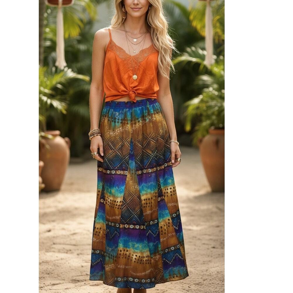 Vintage Chico's Boho Silk Blend Triangular Pleat Midi Skirt